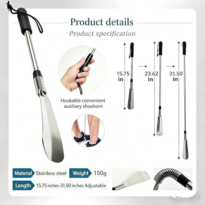 Telescopic Shoe Horn Long Handle 16" to 31" Metal Adjustable Length,Shoe Helper Tool For Seniors Adults Kids