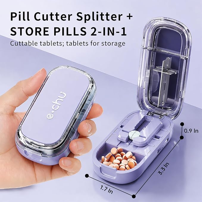 Pill Cutter Splitter for Small and Tiny Pills - Adjustable Pill Splitter with Centering Device for Cutting Multiple Pills, Accurate Alignment and Easy to Use, Storage Organizer (Purple)