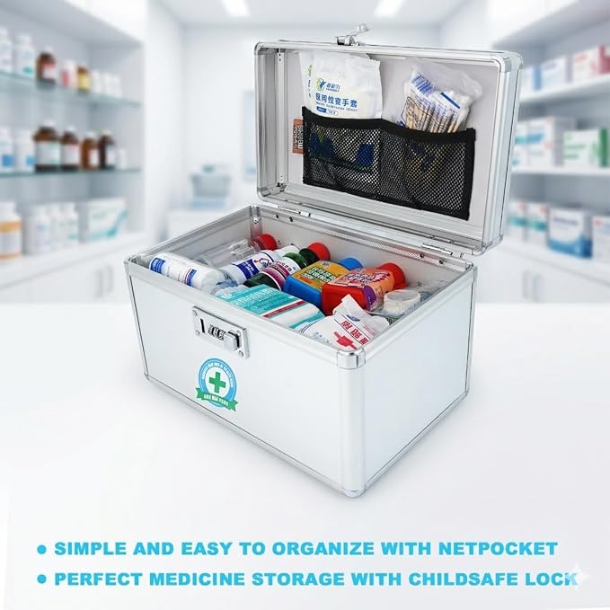 Medication Lock Box with Combination, Lockable Medicine Storage Box, Empty First Aid Box, Security Lock Box, Medical Organizer, Multipurpose Locking Box for Home and Outdoor (Silver, Medium)