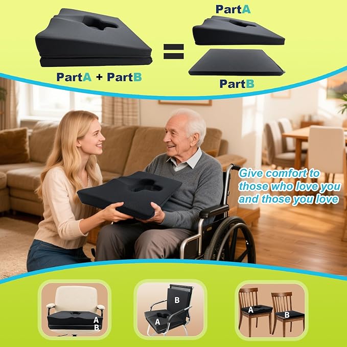Gel Wheelchair Seat Cushion,Bed Sore Cushions for Butt,Sciatica,Coccyx,Pressure Sore & Ulcer Pain Relief Butt Pillow for Office Chair,Removable&Washable(Thickened&Support-Enhanced Set Black)
