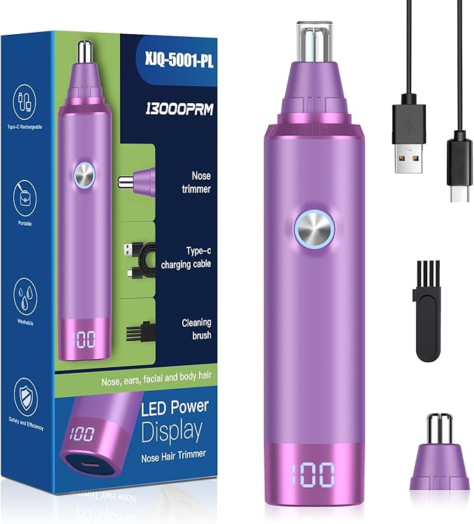 Ear and Nose Hair Trimmer for Men and Women, Painless USB Rechargeable Electric Facial & Eyebrow Hair Remover with LED Display, Dual-Edge Blades for Smooth,13000 RPM Motor IPX7 Waterproof (Purple)