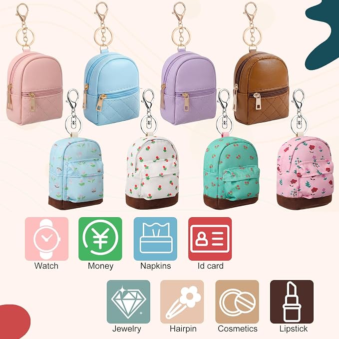 Hsei 8 Pcs Mini Backpack Keychain Coin Purse Tiny Key Chain Cute Cosmetic Bag Change Pouch Wallets Mini Gifts for Women Multi Pocket Card Holder Small Items Cable Organizer Zipper Pouch (Fresh Mix)