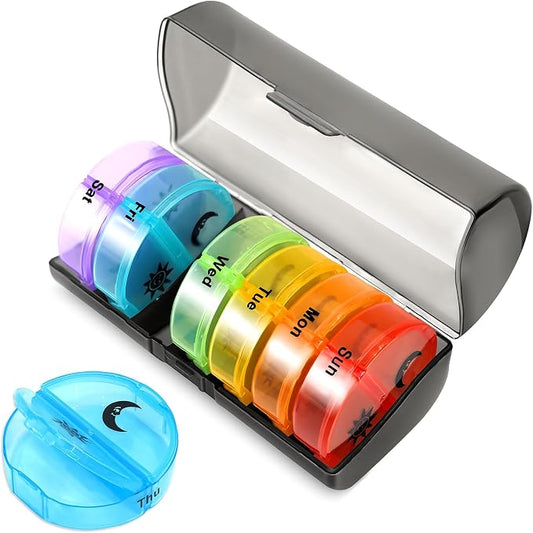 Medicine Pill Organizer Travel Pill Box 7 Day Small Pill Case Purse Am Pm Pill Container Daily Pill Holder Twice a Day Pill Sorter Day Night Pill Organizer Large Compartment Compact Portable