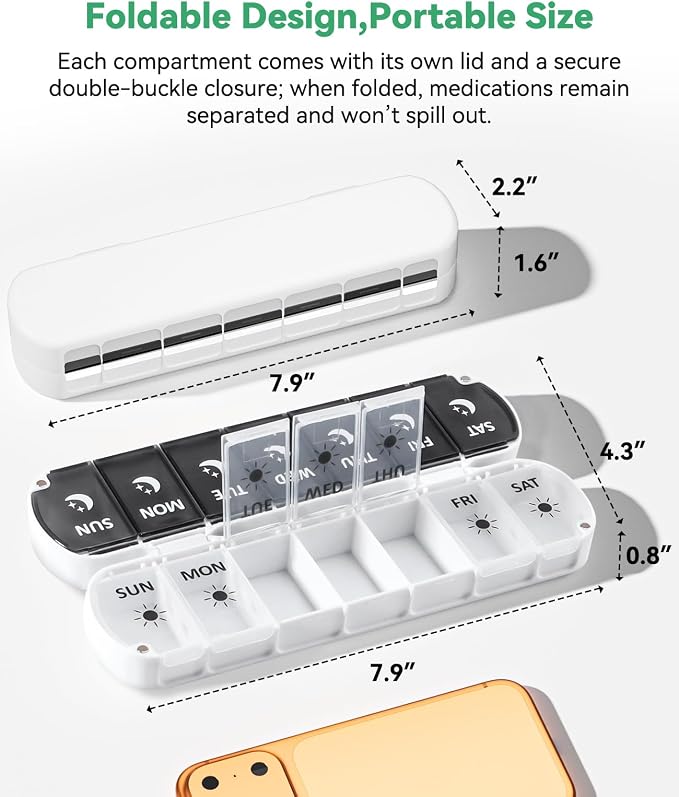 Weekly Pill Organizer 2 Times a Day, Moisture-Proof 7 Day Pill Box AM PM, Foldable Travel Medicine Organizer with Magnetic Closure for Vitamins, Supplements and Fish Oils (White)