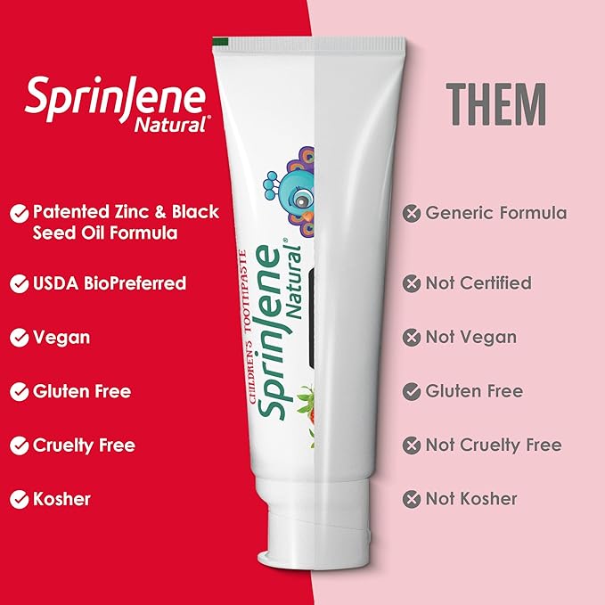 SprinJene Natural Children’s Toothpaste – Fluoride Free Strawberry Toothpaste for Toddlers & Kids – Gentle Safe Natural Formula with Patented Black Seed Oil & Zinc – Made in The USA (2 Pack)