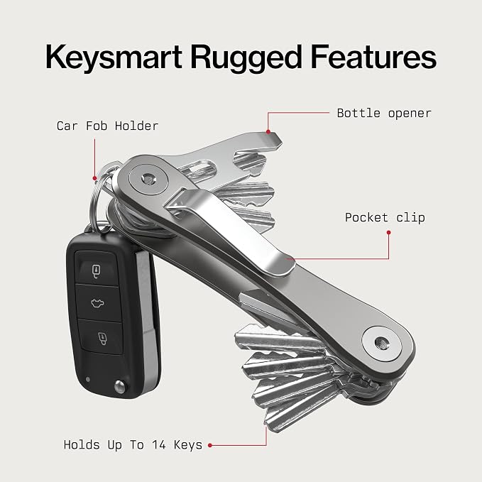KeySmart Rugged Keychain Multitool Key Holder, Up to 14 Keys | Key Organizer for EDC. Expandable, Durable Build, Reduces Key Chain Bulk & Jingle, Pocket Clip & Bottle Opener Included