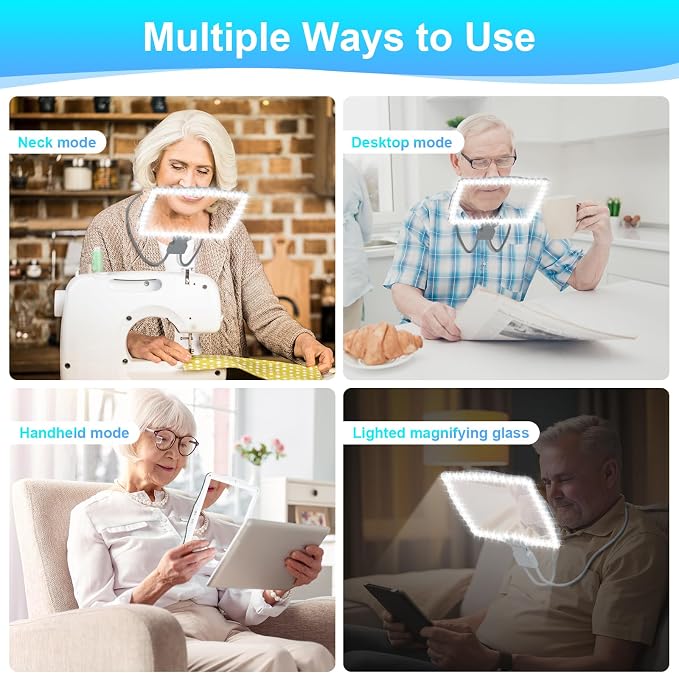5X Neck Magnifying Glass with Light Hands Free for Reading,Seniors | Full Page View Neck-wearable Magnifying Glass Hands-Free, 50 LED Lighted Magnifier for Sewing & Crafts