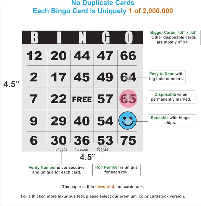 100 Bingo Cards, Large 4.5 x 4.5 Inch, White, Paper Bingo Sheets | 8 Color Options, Premium Cardstock, Disposable with Daubers or Reusable with Chips — Proudly Made in USA