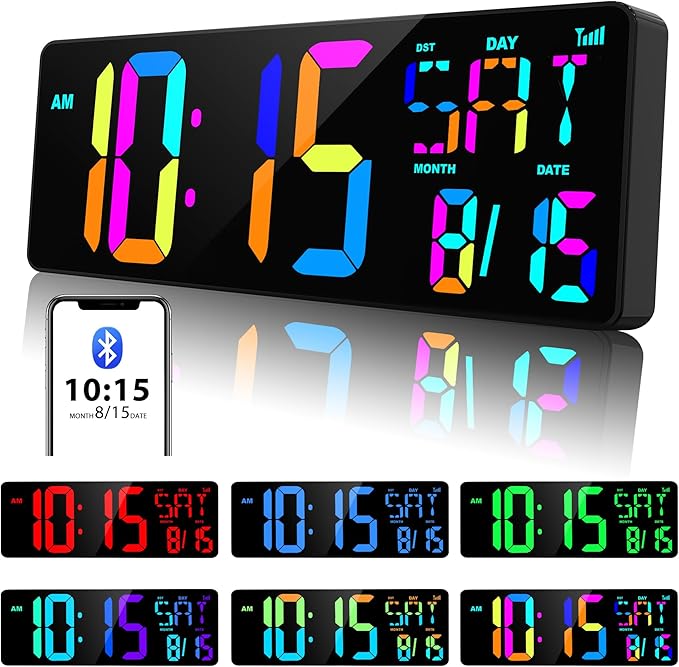 XREXS Large Digital Wall Clock Bluetooth Sync, 17.2" RGB Color Changing Digital Clock with Remote Control, Adjustable Brightness Grandfather Clock, Temperature for Home, Gym and Classroom