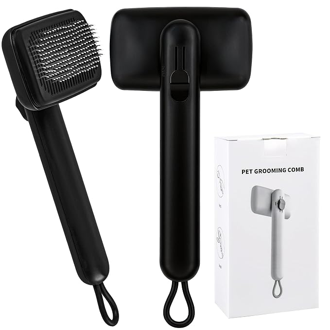 Self Cleaning Slicker Brush for Dogs Cats, One Click Hair Removal, Deshedding Brush for Long Short Haired Pets, Reduce Shedding & Remove Mats - Black