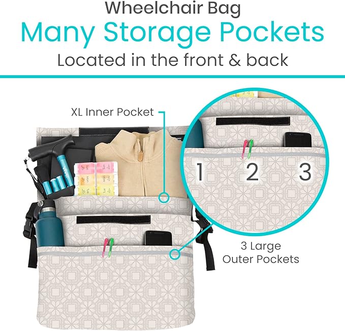 Vive XL Wheelchair Accessories Bag - Waterproof, Scratch-Resistant, Double-Stitched, Machine Washable for Adults, Seniors, 15 Colors - Storage Walker Backpack to Hang on Back