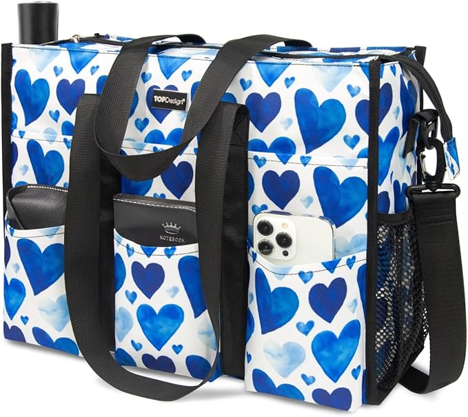 TOPDesign Utility Water Resistant Tote Bag with 22 Pockets, Top Zipper Closure & Thick Bottom Support, for Working Women