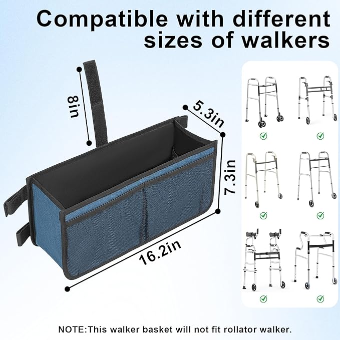 FREEAMG Walker Basket for Folding Walker, Large Capacity Foldable Walker Bag, Walker Storage Bag With Cup Holder, Detachable Walker Accessories Basket for Seniors (Blue)