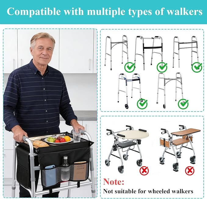 Walker Tray for Folding Walker,Tray for Walkers with Cup Holder for Seniors | Essential Walker Accessories Fits Most Folding & Rolling Walkers Non-Slip Surface