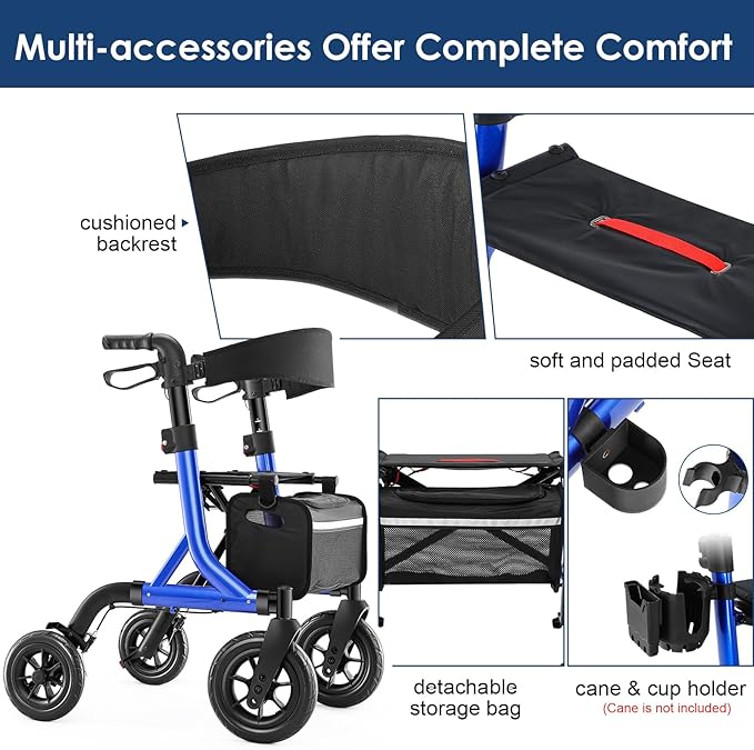 Walkers for Seniors, Rollator Walker with Seat, 10" Rubber Wheels All Terrain Rollator Walker with Backrest, Aluminum Walkers Built-in Cable, Foldable and Adjustable Height for Seniors, Blue