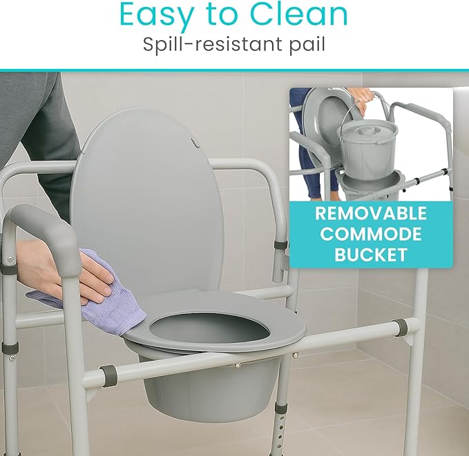 Vive Bariatric Bedside 3-in-1 Commode 500 lb Capacity - Portable Folding Toilet Chair - Adjustable Height, Extra Wide Seat - Bucket Splash Guard Heavy Duty Adult Bathroom, Pail Fits Standard Liner Bag