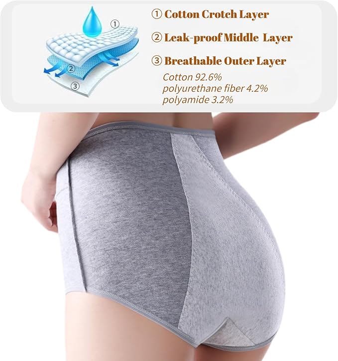 3 Pack Women's Incontinence Underwear Washable, Double Elastic High Waist Adult Incontinence Protective Briefs, Reusable for Light Bladder Leakage(S-Waist: 21.3''~35.4'')