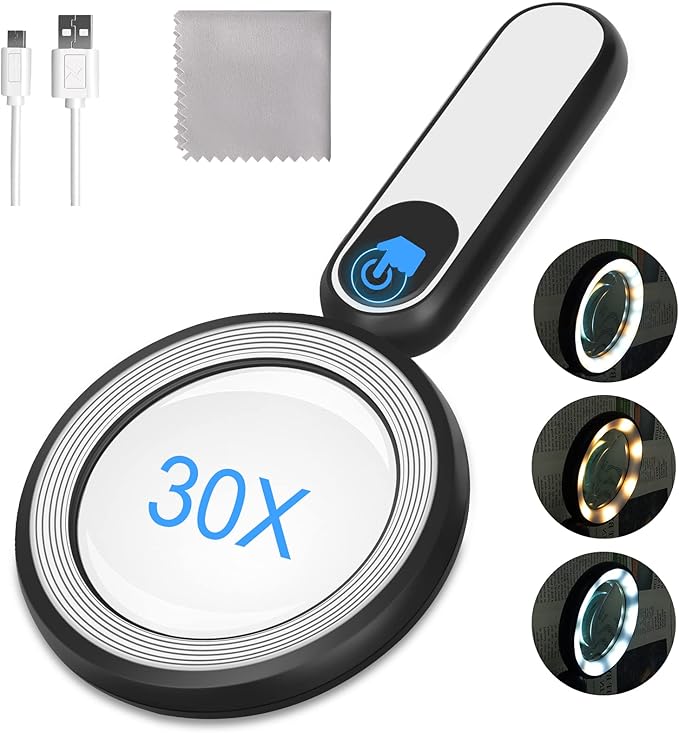 Rechargeable Magnifying Glass with Light, 30X 4.7IN Handheld Large Lightweight Lighted Magnify Len 21 LED 3 Modes Illuminated Book Magnifier forSenior,Reading,Inspection,Coin,JewelryChristmasGift