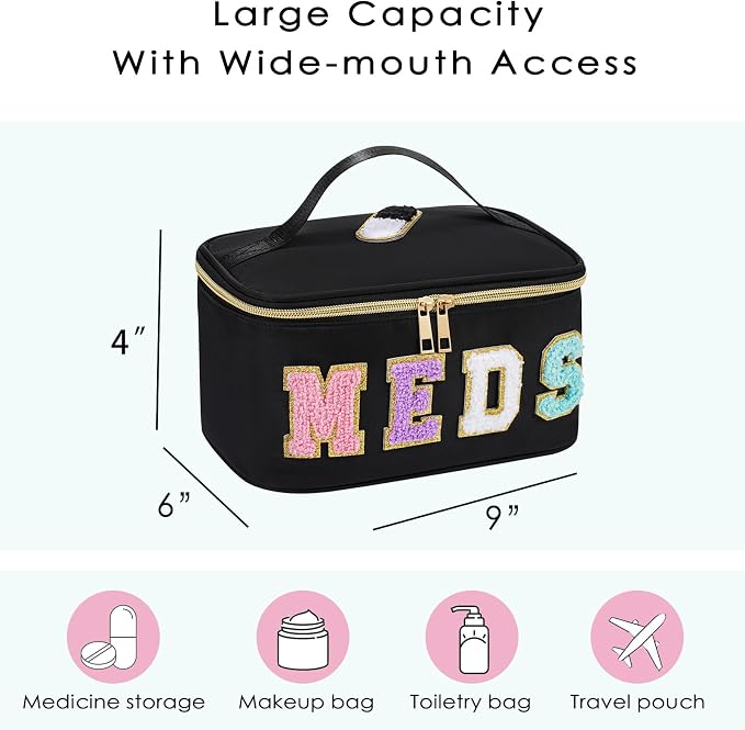 uekeboag Personalized Chenille Letter MEDS Makeup Bag, Portable Nylon Cosmetic Toiletry Storage bag with Top Handle, Transparent Meds Travel Organizer Cosmetic Bag(13Black)