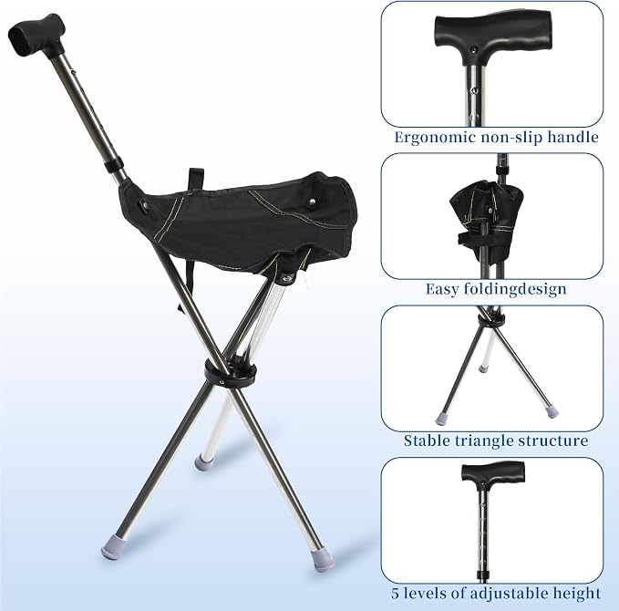 FATTCHIAR Cane with Seat, Walking Stick with Seats, Cane Chair Capacity 330lbs, Adjustable Height Folding Lightweight Portable Stool for Adults Seniors Hiking Camping