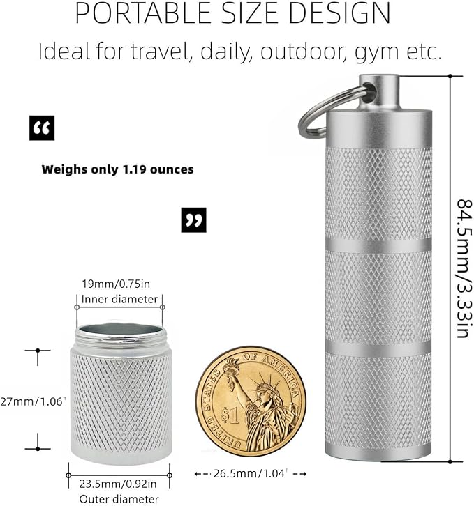 Waterproof Keychain Pill Holder - Compact, Portable, and Secure Pill Box with 3 Compartments - Pocket-Sized Pill Case and Container for Daily Medication on the Go, Sliver | Anodized aluminum with a keyring. 3 detachable layers. Pocket-sized, rustproof ...