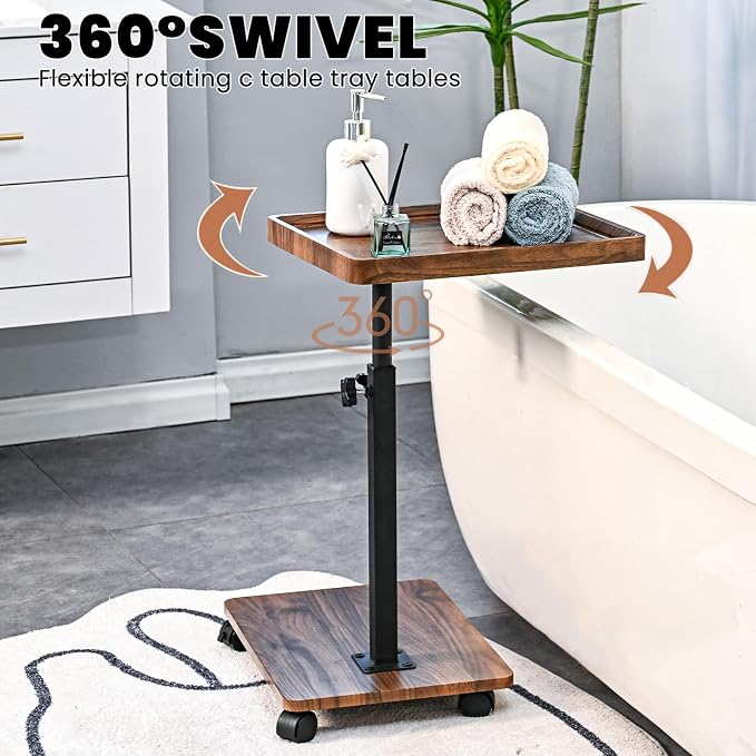 C Table End Table Adjustable Height,C Shaped End for Couch，Snack Tables,360°Swivel TV Tray Sofa Table,Tables that Slide Under,Coffee SideTable for Bed,Chair,Bath-tub,Outdoor(Walnut Color)