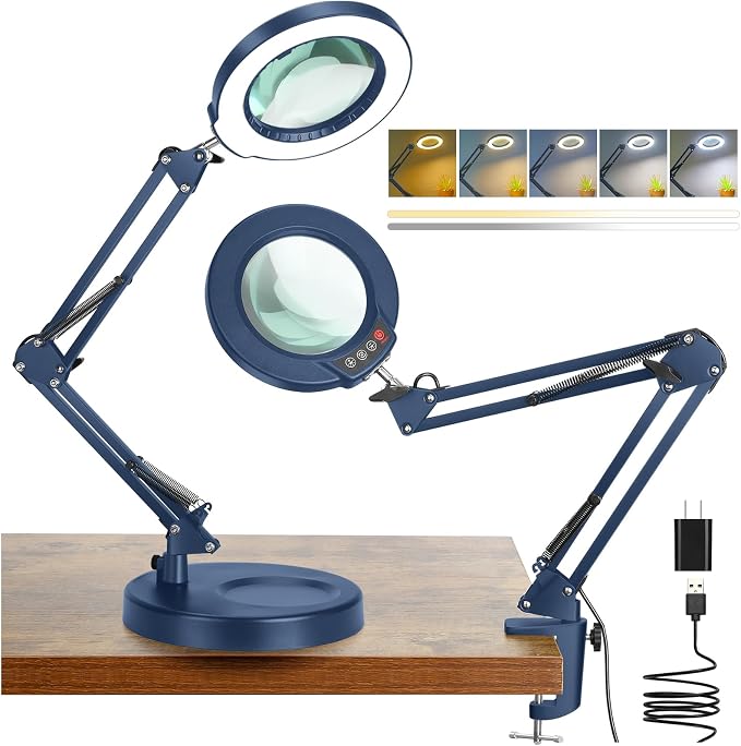 12X Magnifying Glass with Light and Stand, 5 Color Modes Stepless Dimmable 2-in-1 Lighted Magnifier with Clamp, LED Desk Lamp Hands Free for Crafts Hobby Reading Painting Sewing Close Work Blue