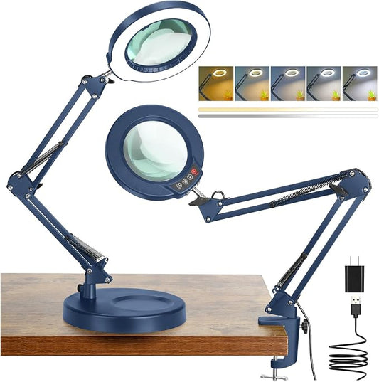 12X Magnifying Glass with Light and Stand, 5 Color Modes Stepless Dimmable 2-in-1 Lighted Magnifier with Clamp, LED Desk Lamp Hands Free for Crafts Hobby Reading Painting Sewing Close Work Blue
