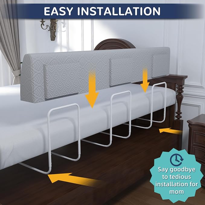 FigTime Bed Bumper for Toddlers, Foam Bed Rail for Toddlers, Toddler Bed Rail Bumper, Soft Safety Bed Guard Rail for Kids, Bed Side Rail for Twin, Full, Queen & King Beds (Grey, 59", 3-Bracket)