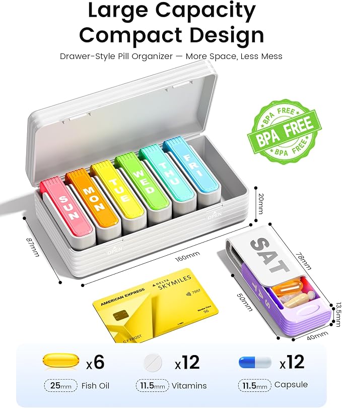 Daviky Pill Organizer 1 Time a Day, Drawer Style 7 Day Pill Case with Detachable Daily Boxes, Large Capacity Travel Pill Organizer for Vitamins, Fish Oil, Supplements, Color Coded