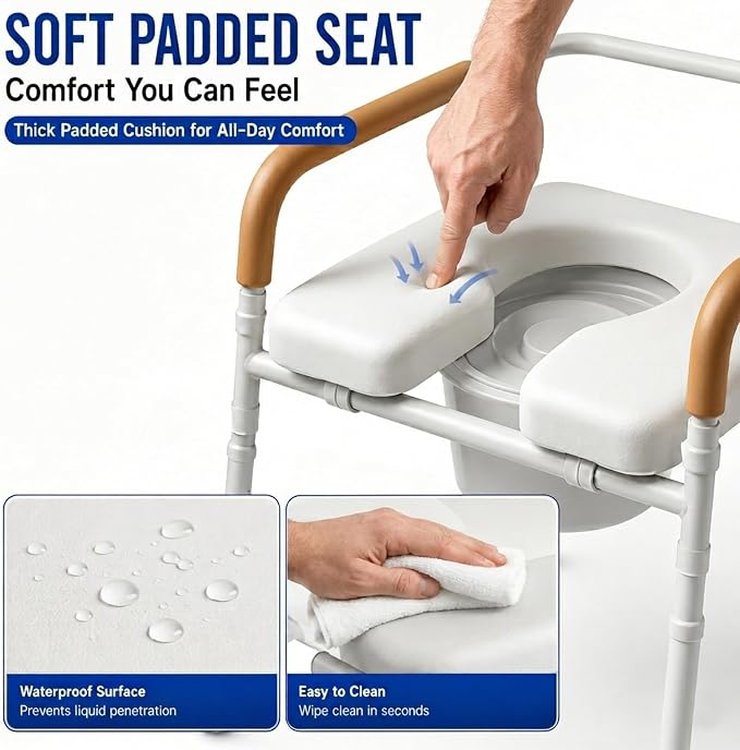 3-in-1 Bedside Commode for Seniors | 350lbs Reinforced Iron, Padded Seat & Arms, Height Adjustable Toilet Rails, Raised Toilet Seat with Bucket & Splash Guard