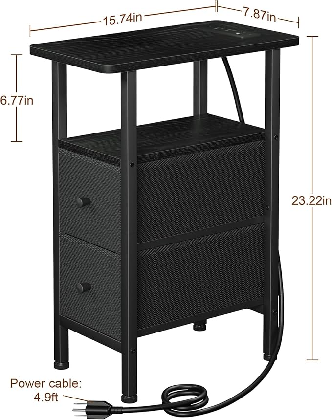 Narrow End Table with Charging Station, Small Nightstand | Skinny Side Tables Living Room with 2 Fabric Drawers, Bedside Table with LED Lights for Bedroom, Small Spaces, Black