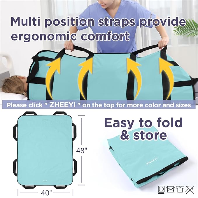 Multipurpose 48" x 40" Positioning Bed Pad with Reinforced Handles - Reusable & Washable Transfer Sheet for Turning, Lifting & Repositioning - Double-Sided Nylon Fabric, Aqua Blue