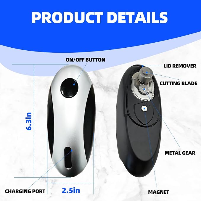 Kitchen Rechargeable Electric Can Opener, One-Touch Opening, Smooth Rim, USB-C Fast Charge, Senior Friendly, Silver, Hands-Free Design, Easy to Grip and Fits Most Cans