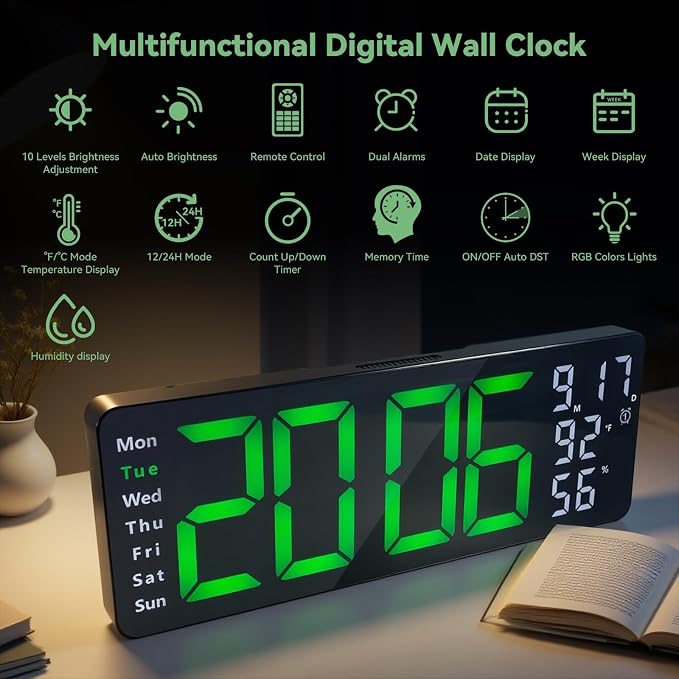 Digital Wall Clock Large Display, 17.3" Digital Clock with RGB Color Remote Control, Auto-Dimming Big Wall Clock with Night Light,Auto DST,Date Week,Temp for Home Decoration, for Elderly (Green)