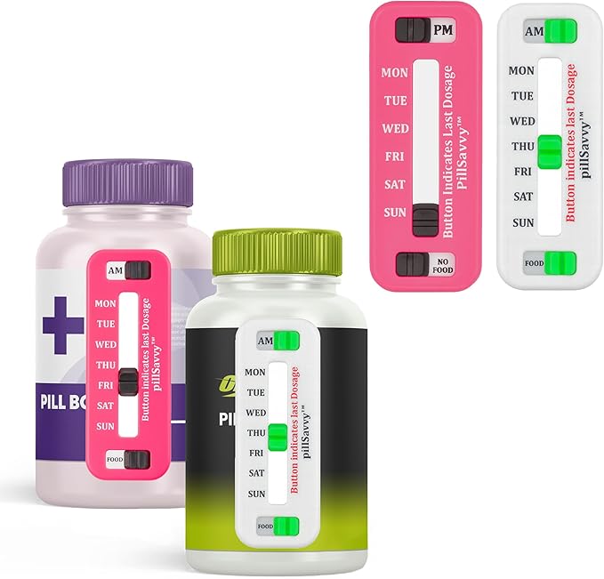 PillSavvy™ Daily Pill Tracker – Non-Digital, Reusable Medication Reminder for Bottles & Organizers – Easy to Use, Curved Back – Track Prescriptions, Vitamins, Supplements & Pet Meds (White, 2 Pack)