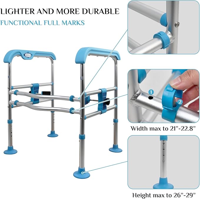 Heavy Duty Aluminum Toilet Safety Rails for Seniors,Adjustable LED Toilet Safety Frame for Elderly,Adjustable Height & Width Safety Rails Support for Most Toilets,Stand Up Assist,665lbs