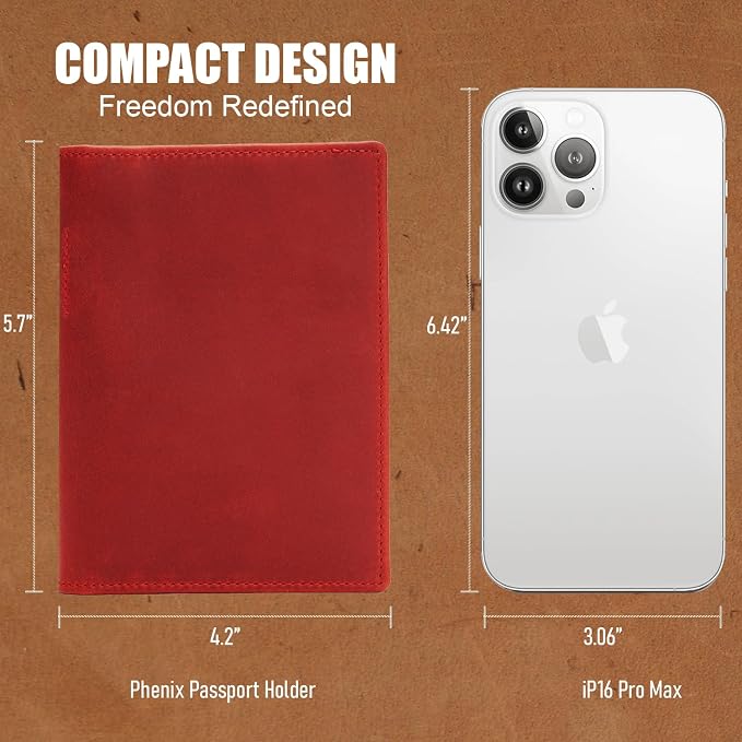 STAR VISTA Phoenix Leather Passport Holder, Full Grain Leather Travel Wallet - Slim, Bifold, RFID Blocking, ID Window, Coin Pocket, Card Slots, SIM Slots, AirTag Holder, Red