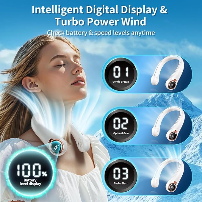 Portable Neck Fan with 6000mAh USB - Rechargeable Battery, Ultra-Light Bladeless Neck Fan LED Display, 360° Cooling Wearable Fan, 3 Speeds