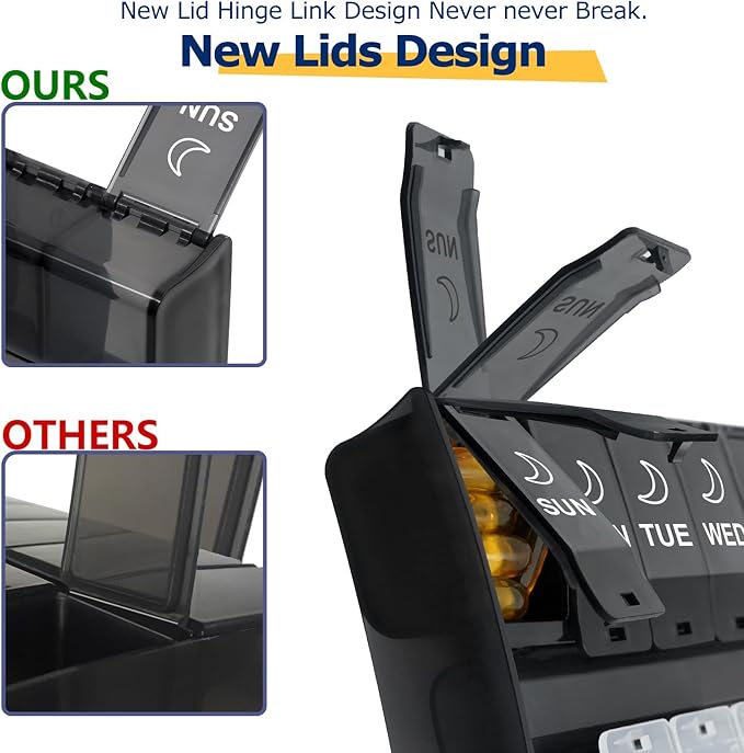 XL Large Pill Organizer 2 Times a Day, Weekly Am Pm Pill Box with Hinged Lids, 7 Day Medicine Vitamin Pill Case, Daily Pill Container, Big Medication Organizer for Supplement