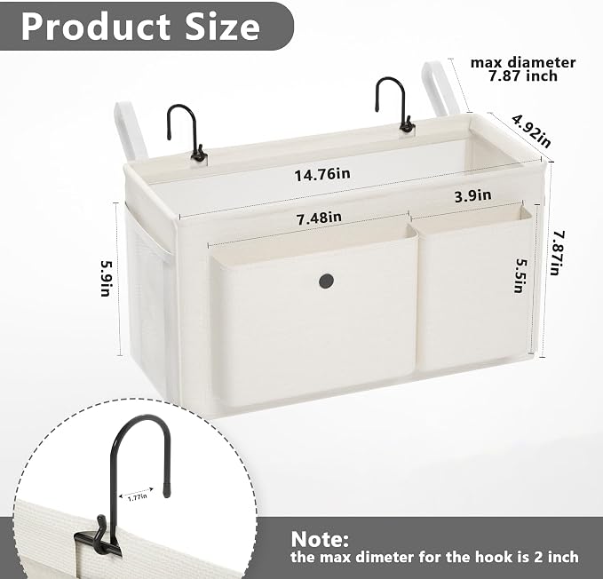 Bedside Caddy Bedside Storage Hanging Organizer for Bunk Dorm Bed Rail | Bed Caddy with Hooks, Top Bunks and Dorm Essentials for Water, Tissues, Tablets, Books, Phones, Remotes and Other Necessories