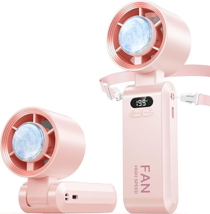 2 Pack Handheld Portable Turbo Fan with Ice Cooler, Speed (1-199) 5500mAh*2 Rechargeable Personal Fan,[20H Cooling Time] Mini Yet Powerful, Small Pocket Fans for Travel/Outdoor/Office, Pink