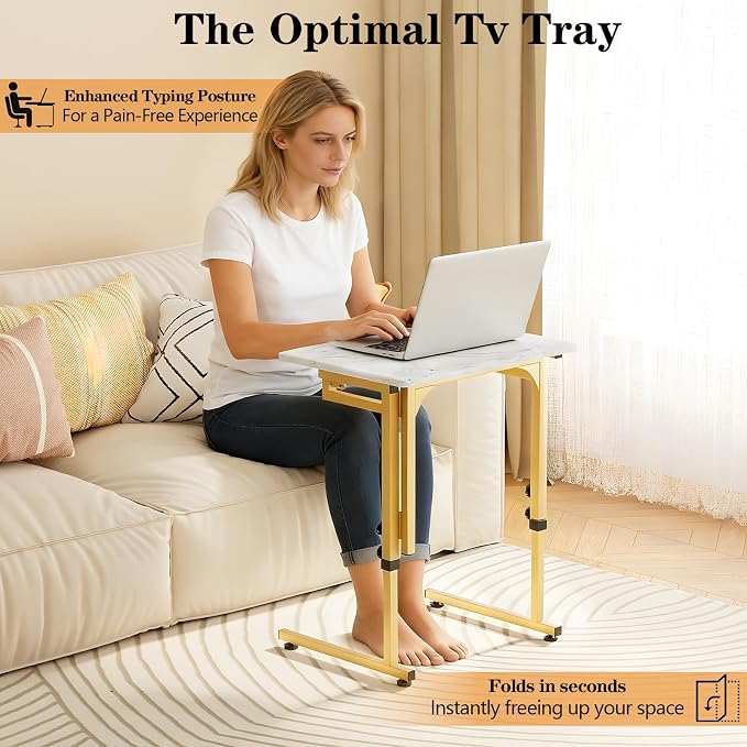 Folding tv Tray Dinner Snack Table,6 Height Adjustable Slide Under Couch Side Table, Portable Small Foldable C-Shaped End Table for Eating with Sturdy MDF Top,No Assembly(White Marble+Gold)