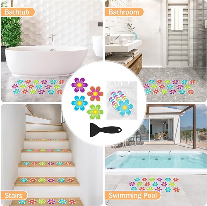 Non Slip Bathtub Stickers, 20 PCS Shower Stickers for Safety Bathroom Tubs, Bathtub Non Slip Stickers and Adhesive Decals Scraper for Bath Tub, Shower Floor(Bright Flowers)