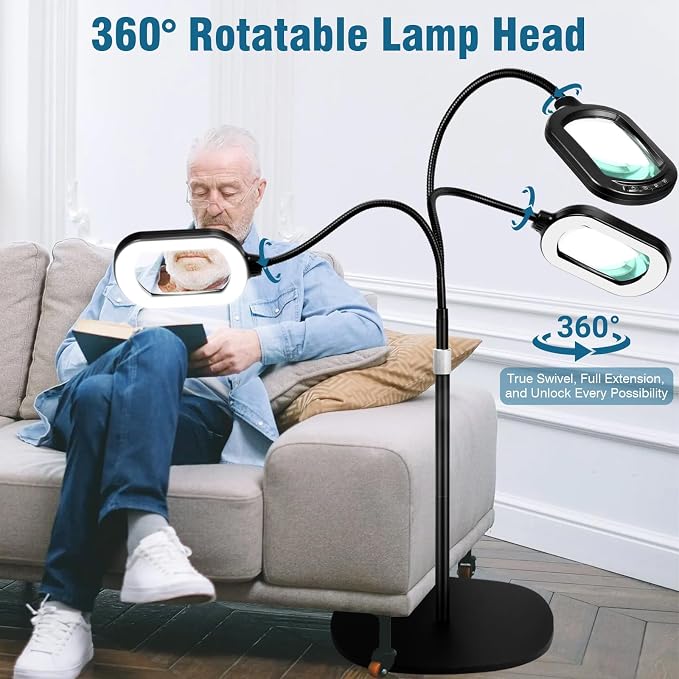 Large Magnifying Glass with Light and Stand, 15X Rectangle Optical Real Glass Lens, Height Adjustable Gooseneck Magnifier Floor Lamp, 5 Color Modes LED Dimmable Lighted Hands Free for Close Work Craft