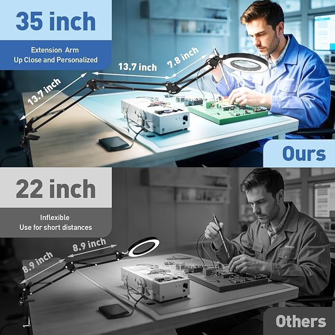 HITTI 12X Ultra Long Magnifying Glass with Light and Clamp, Swivel Arm | 5 Color Modes Steepless Dimming LED Desk Lamp, Hands Free Lighted Magnifier Stand for Workbench, Cross Stitch, Hobby