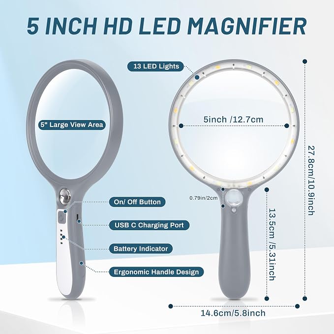Large Magnifying Glass with Light: 5IN Lighted Handheld Illuminated Magnifier with 13 LED Lights 3 Modes, 1150mAh Rechargeable Magnifying Lens Gift for Seniors Reading Coins Close Work-Grey+White