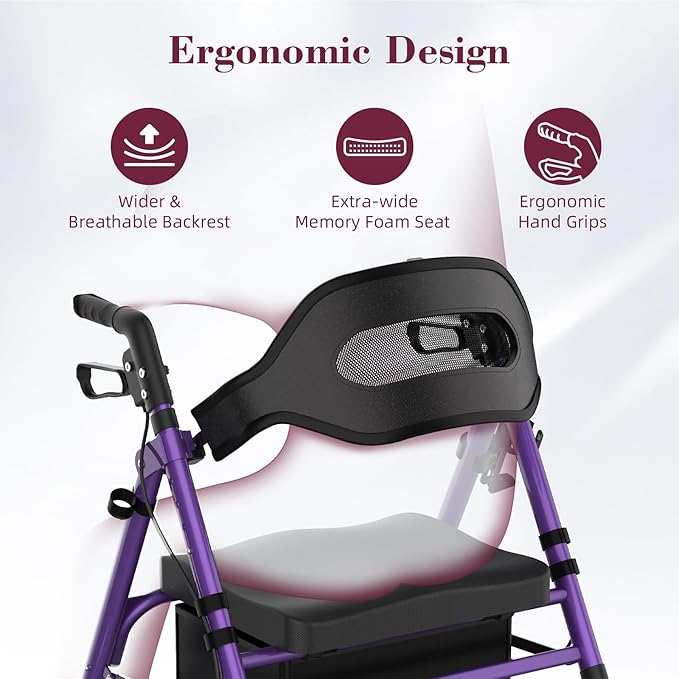 Walkers for Seniors, Foldable Rollator Walker with Seat, 8" Big Wheels, Lightweight Rollator Walker with Ergonomic Backrest, Adjustable Handles and Seat Height, 310 Lbs Weight Capacity, Purple