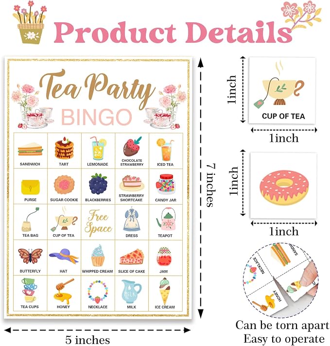 Tea Party Bingo, 24 Players Bingo Game Set for Girls Adults, Tea Party Bingo Games for Bridal Shower, Bachelorette, Wedding, Engagement Party, Tea Party Decorations