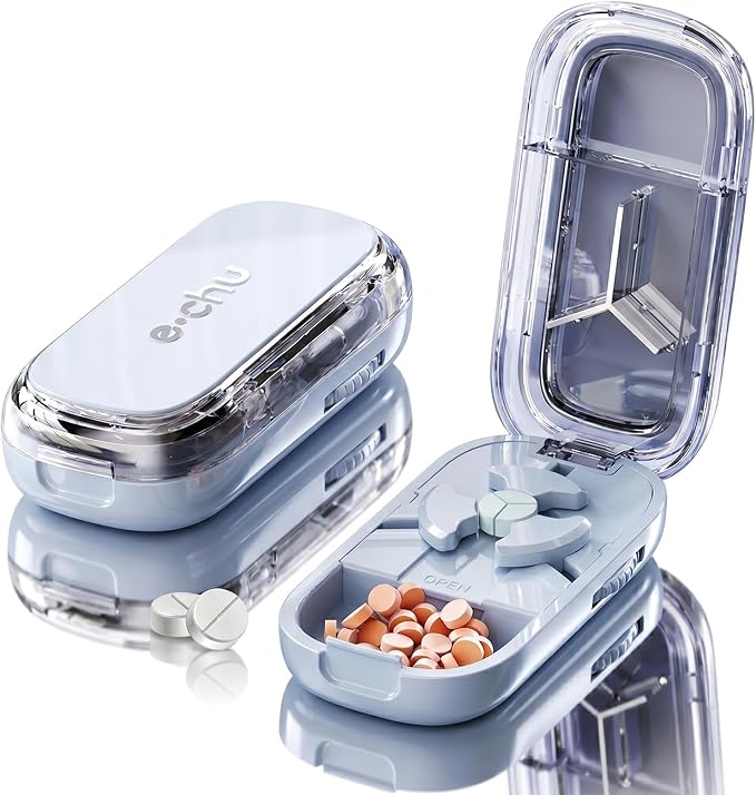 Pill Cutter Splitter for Small and Tiny Pills - Adjustable Pill Splitter with Centering Device for Cutting Multiple Pills, Accurate Alignment and Easy to Use, Storage Organizer (2Blue)